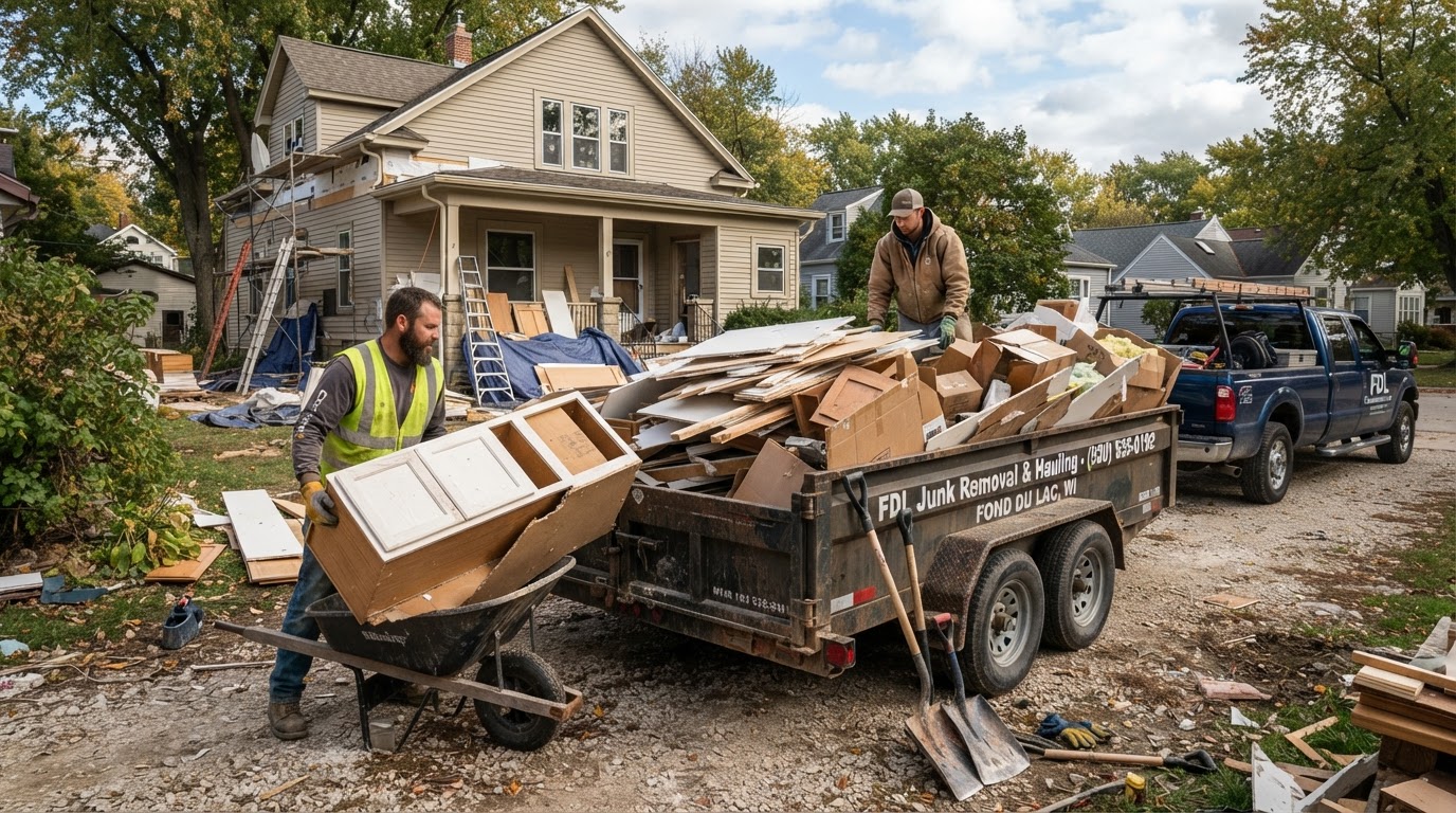 Construction and remodeling debris including lumber, drywall scraps and old cabinetry being loaded into a hauling trailer from a home renovation in Fond Du Lac Wisconsin