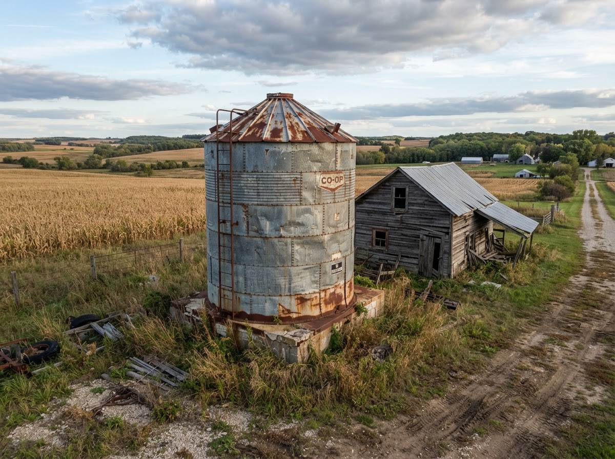 An aging weathered metal grain bin no longer in use standing beside an old outbuilding on a rural farm property near Fond Du Lac Wisconsin