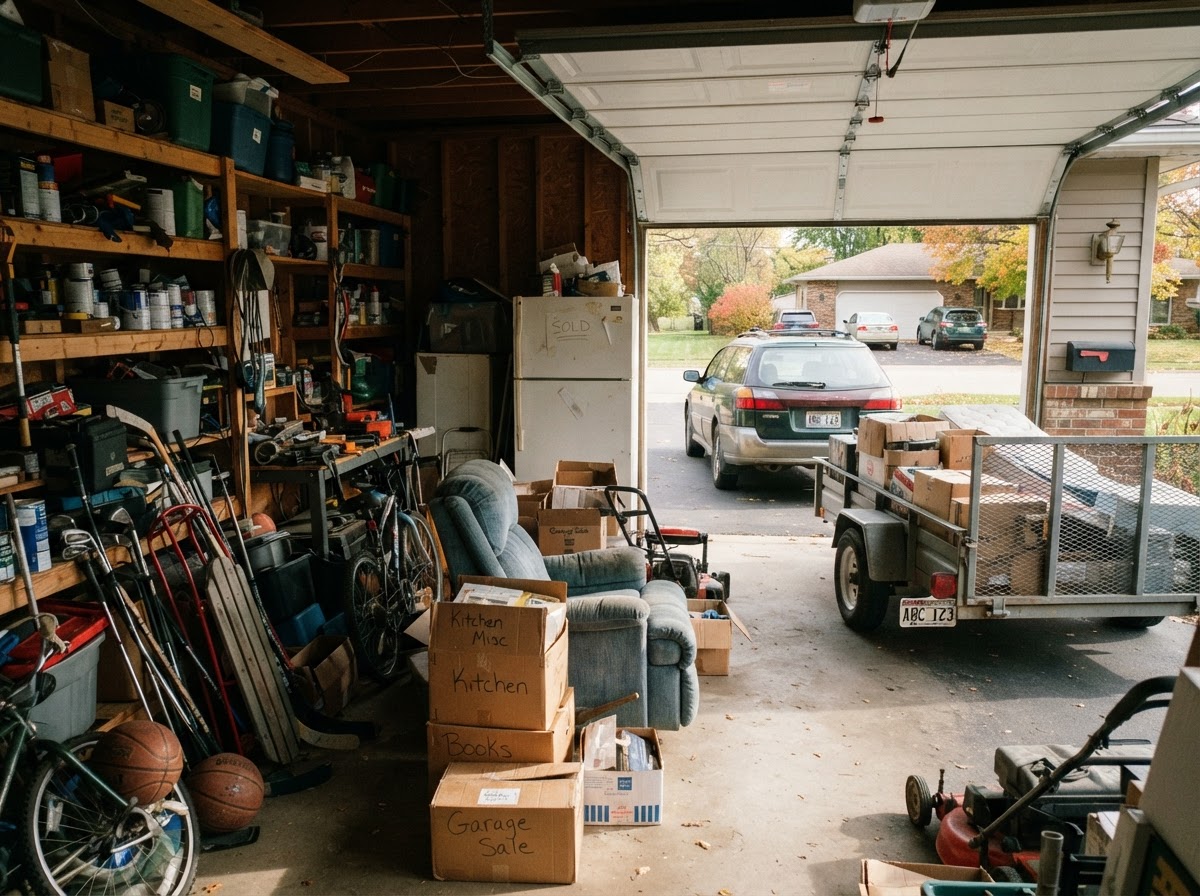 Workers loading unwanted furniture and clutter from a residential garage into a hauling trailer during a garage cleanout in Fond Du Lac Wisconsin