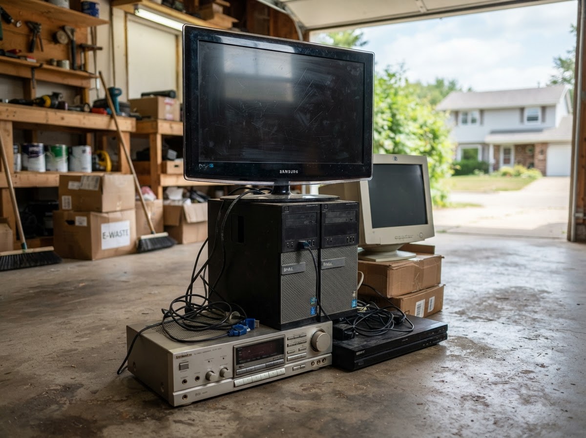 Old flat-screen television and household electronics stacked and ready for removal from a Fond Du Lac Wisconsin home