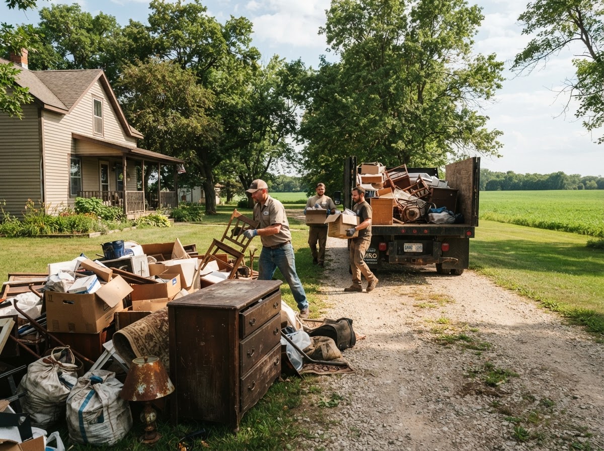 Moul Junk Removal workers clearing an old dresser and stacked household debris from a semi-rural residential property near Omro Wisconsin