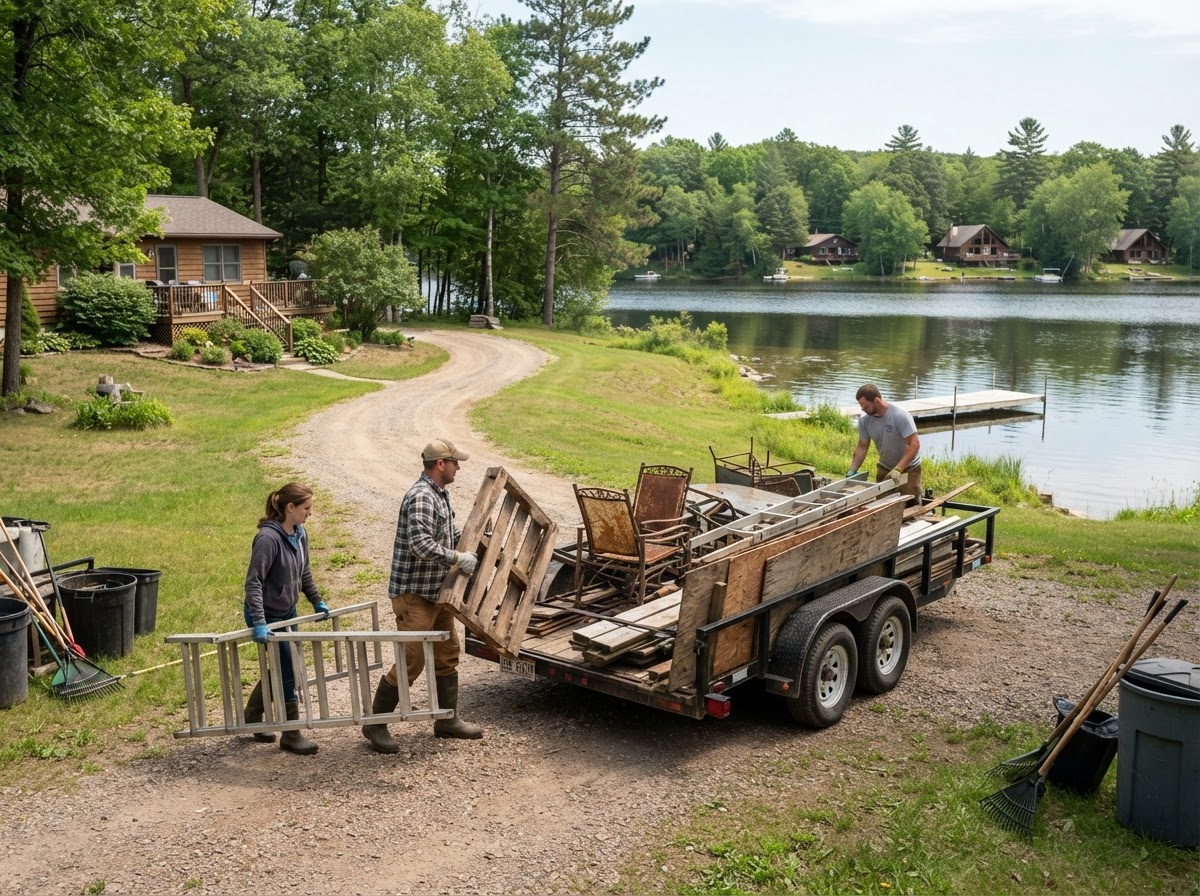 Outdoor furniture and shoreline debris being cleared and loaded from a lakefront property near Fond Du Lac Wisconsin with a calm lake in the background