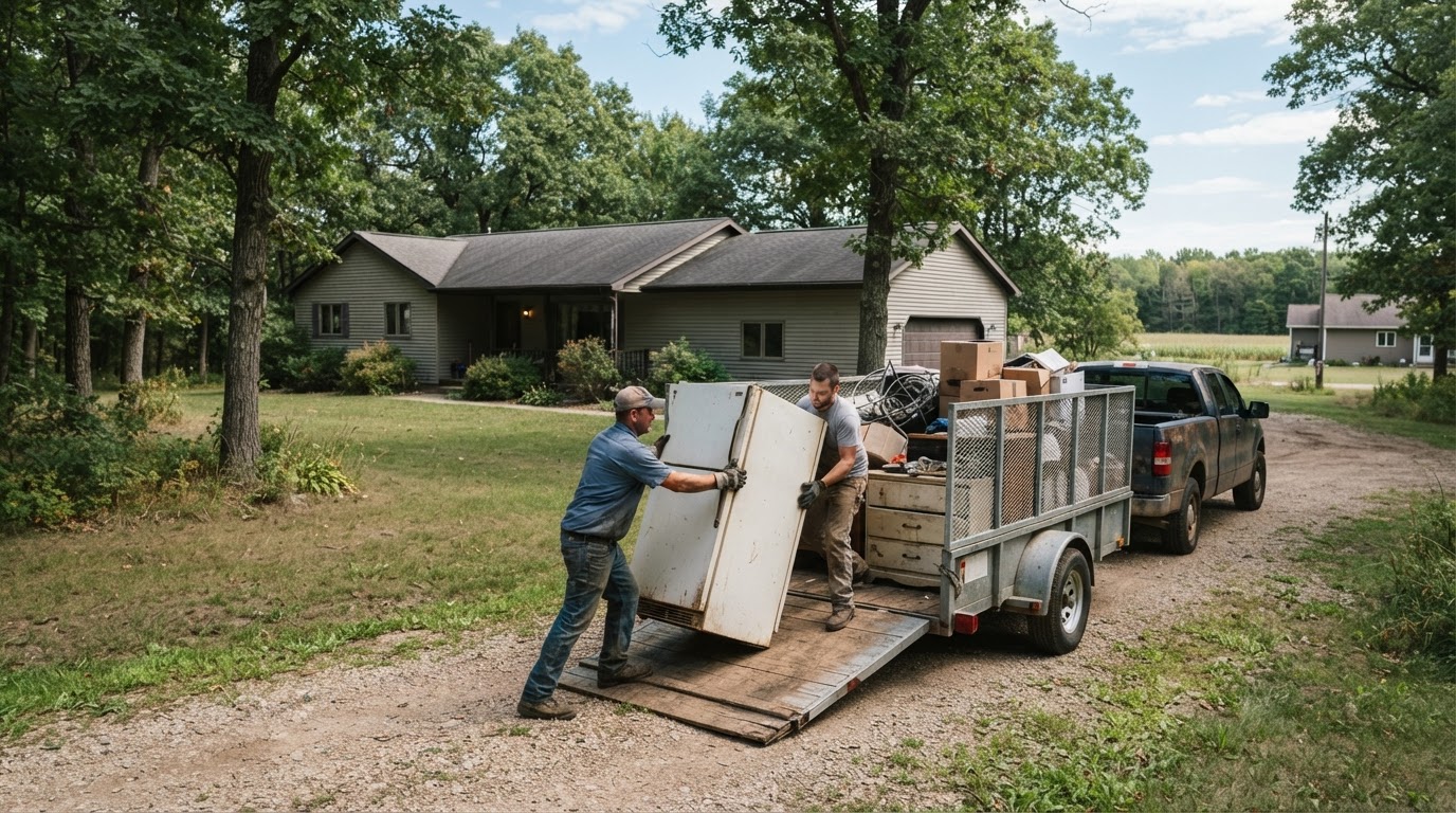 Moul Junk Removal workers loading an old refrigerator and stacked boxes of household junk into a trailer at a semi-rural residential property in Van Dyne Wisconsin