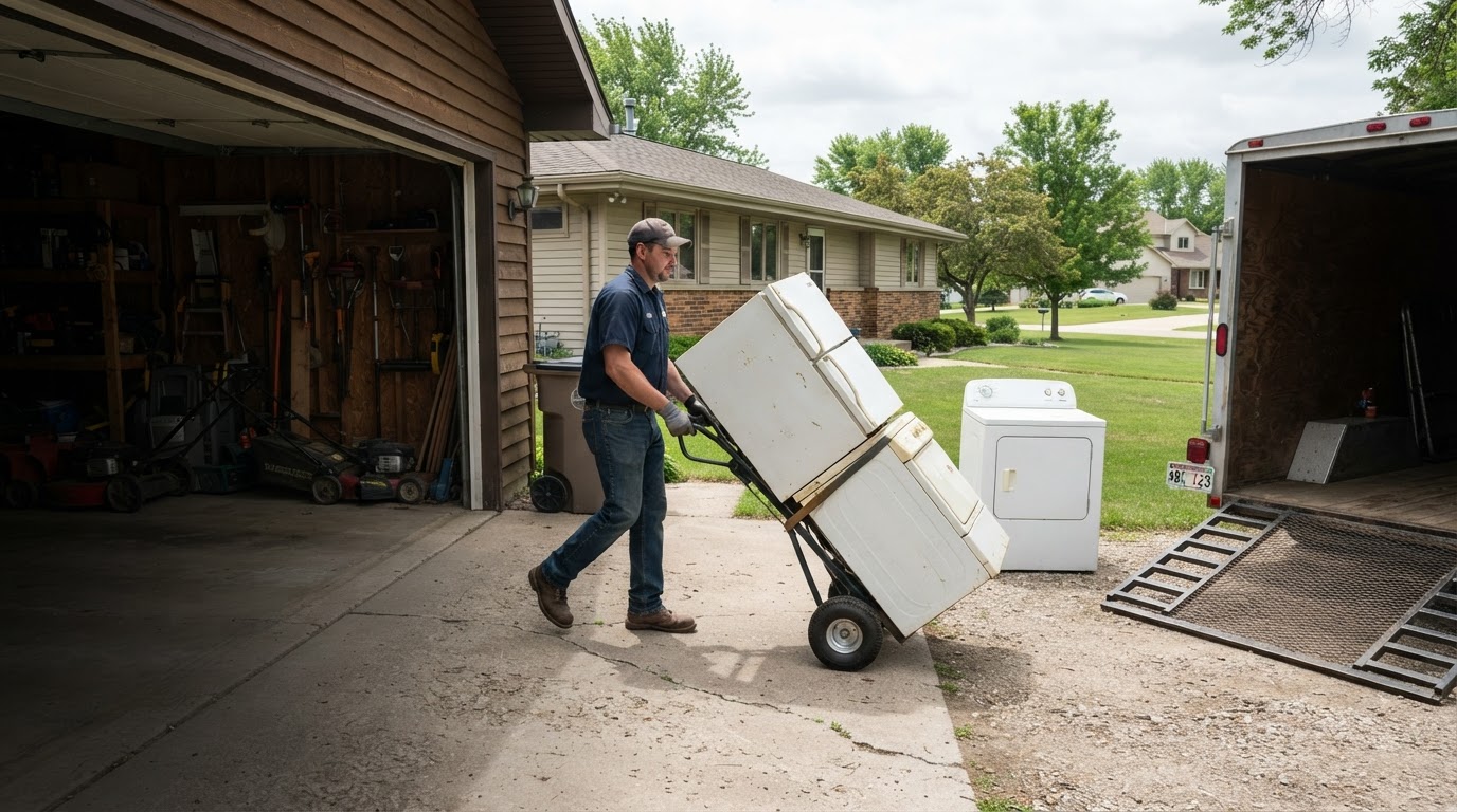 Worker using an appliance dolly to move an old refrigerator and washing machine out of a Fond Du Lac Wisconsin garage for appliance removal