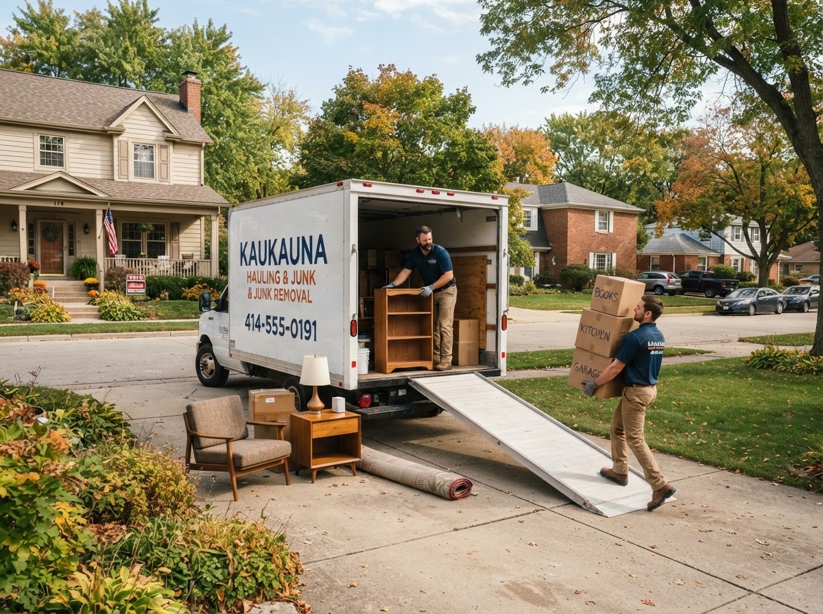 Moul Junk Removal crew loading unwanted household furniture and boxes from a residential driveway in Kaukauna Wisconsin