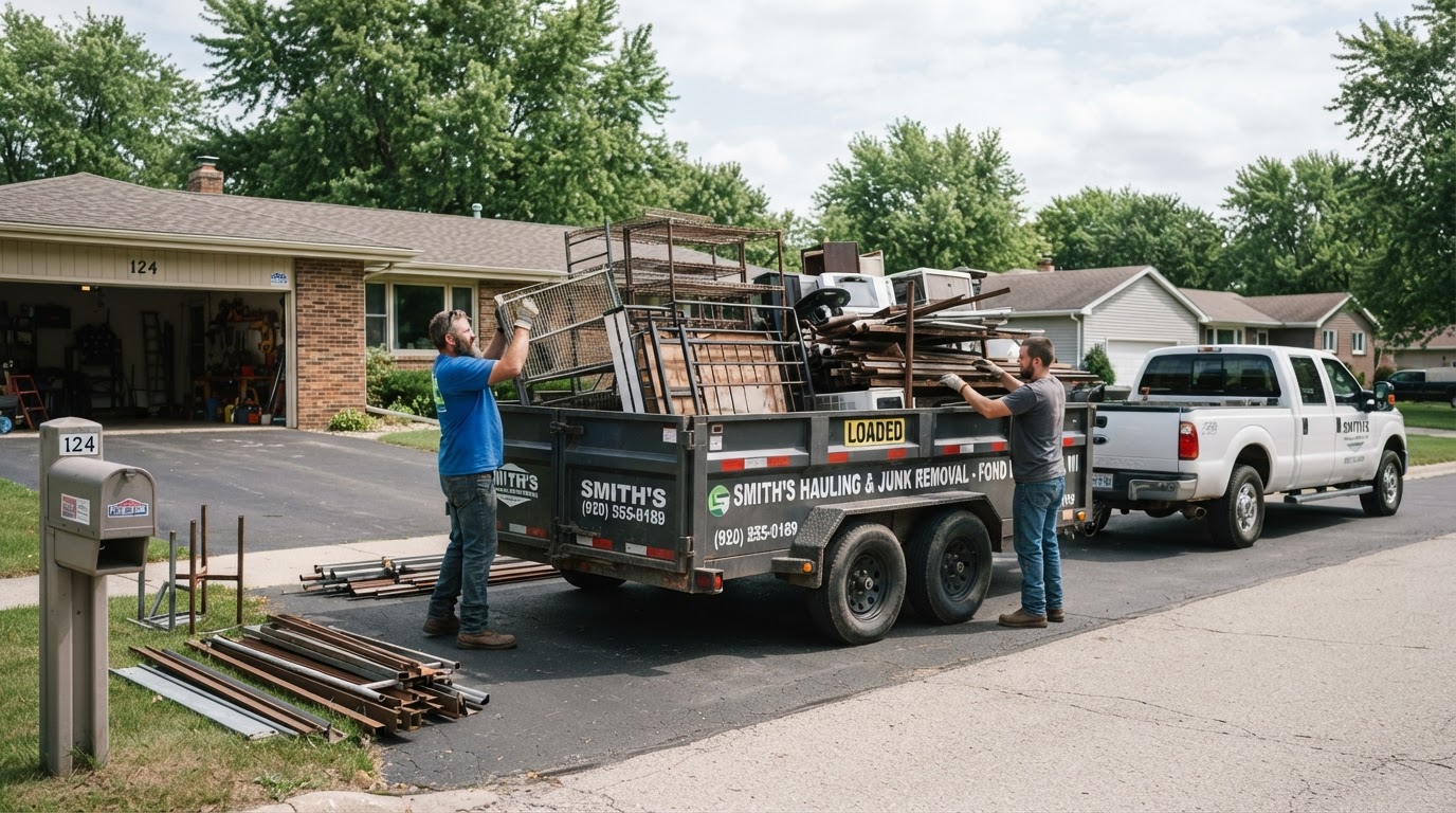Old metal shelving, metal furniture and non-hazardous scrap metal being loaded into a hauling trailer during a property cleanout in Fond Du Lac Wisconsin