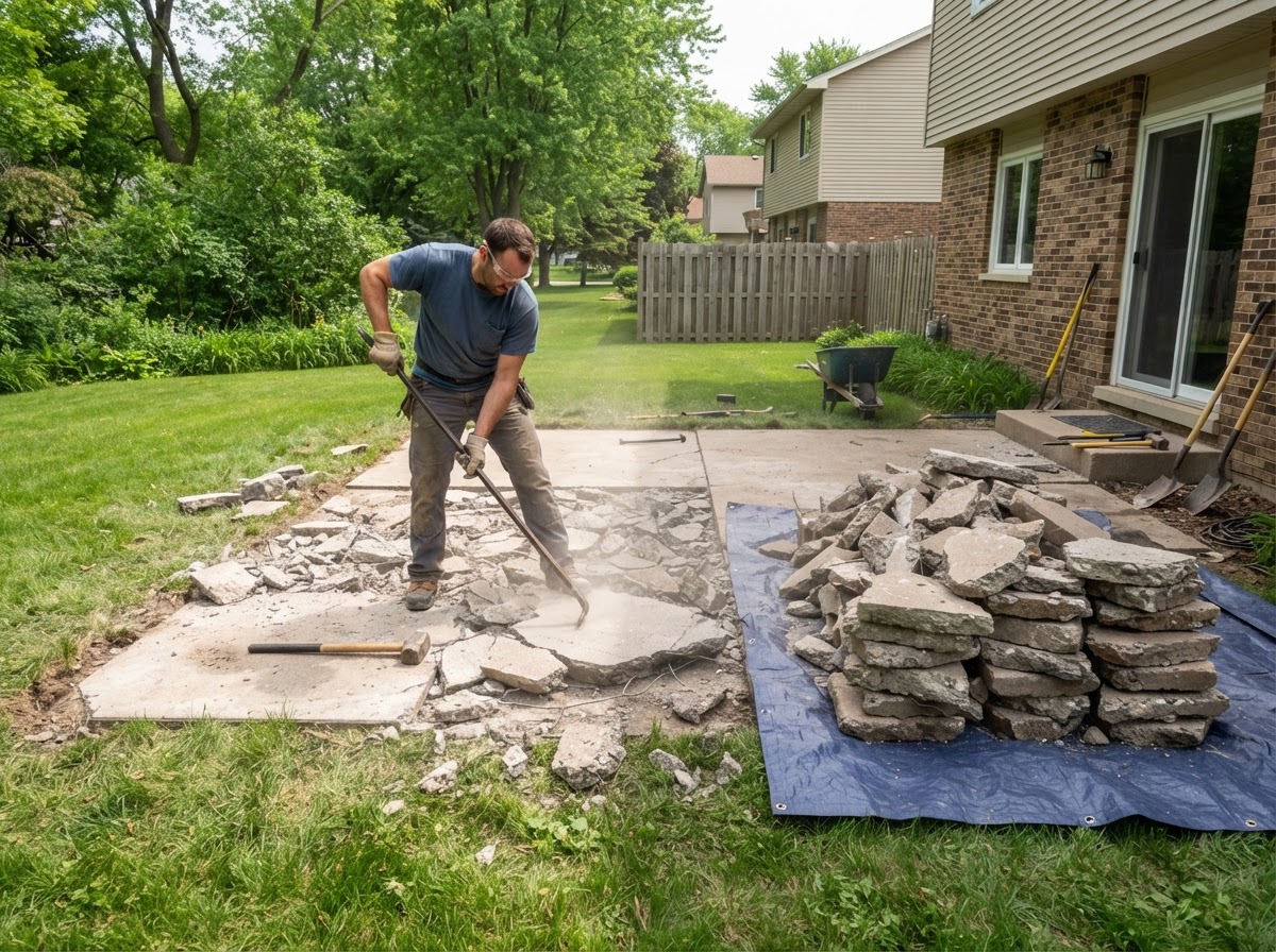 A small residential concrete patio being broken up into sections and stacked for hauling during a concrete removal project in Fond Du Lac Wisconsin