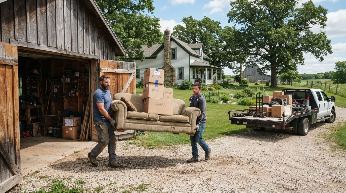 Moul Junk Removal crew carrying an old sofa and stacked boxes out of a garage at a semi-rural Wisconsin farmhouse property near New Holstein Wisconsin