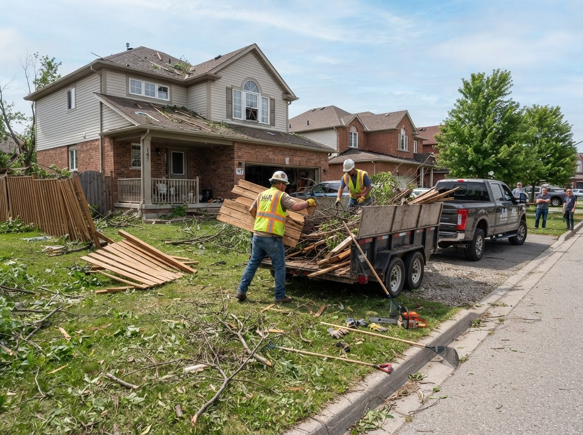 Post-storm property cleanup with fallen branches, broken fence panels and yard debris being loaded into a trailer at a Fond Du Lac Wisconsin home