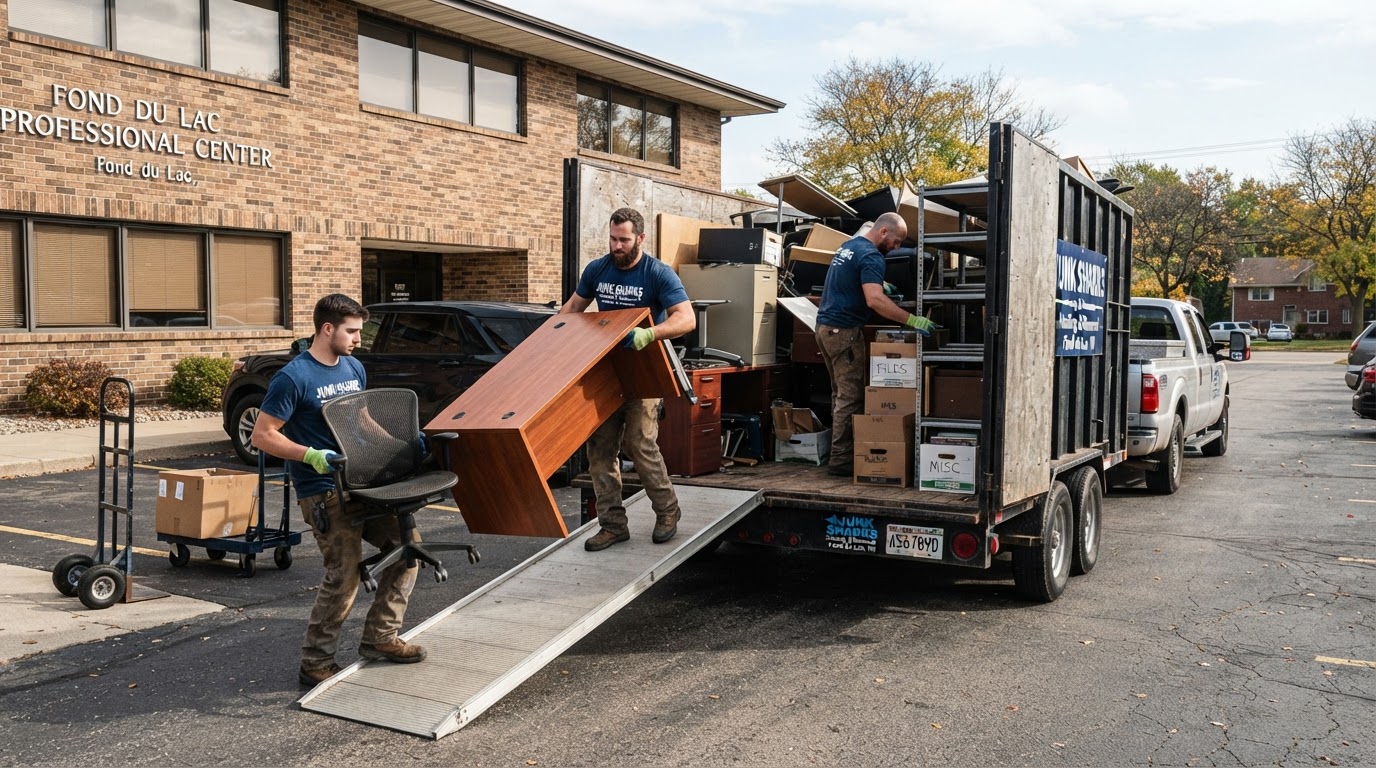 Workers loading desks, office chairs, shelving and boxes into a hauling trailer during a commercial office cleanout in Fond Du Lac Wisconsin