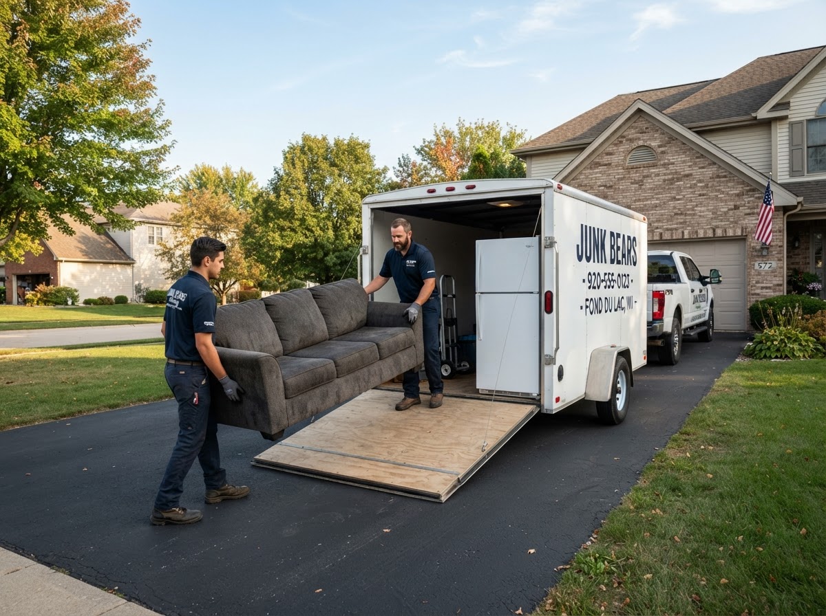 A junk removal crew loading a single couch and a refrigerator into a clean hauling trailer at a residential driveway in Fond Du Lac Wisconsin