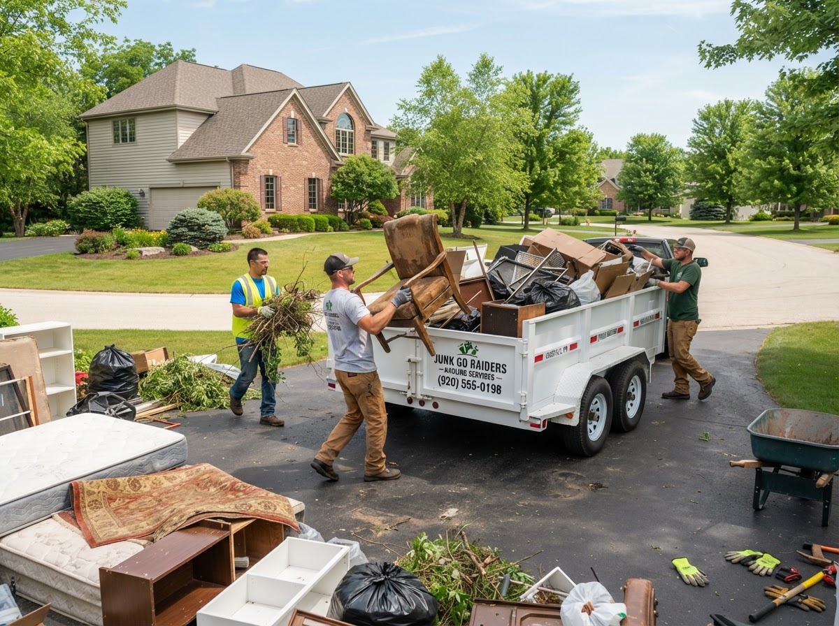Workers clearing yard debris, old furniture and accumulated junk from a larger residential property driveway in Greenville Wisconsin and loading material into a white hauling trailer