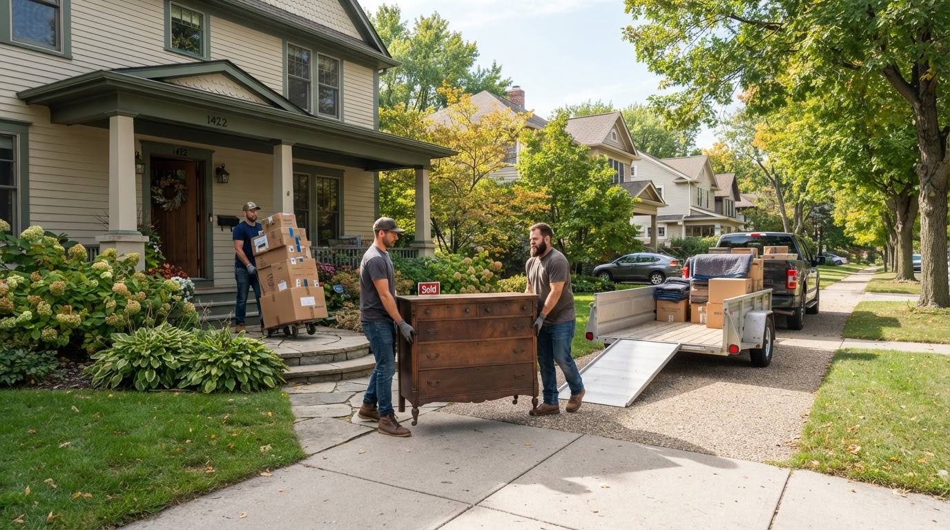 Moul Junk Removal workers carrying an old dresser and stacked moving boxes out of a well-kept residential home in Neenah Wisconsin, with a hauling trailer in the driveway