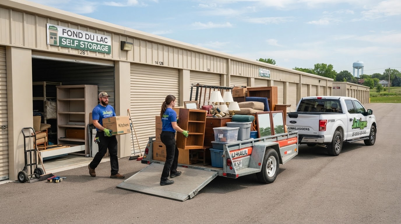 Storage unit being cleared out with boxes, household furniture and shelving loaded into a hauling trailer at a self storage facility in Fond Du Lac Wisconsin