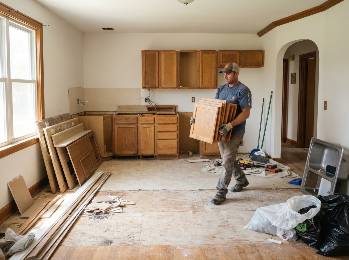 A controlled kitchen tear-out with old cabinets and countertop removed and renovation debris organized for hauling at a Fond Du Lac Wisconsin home