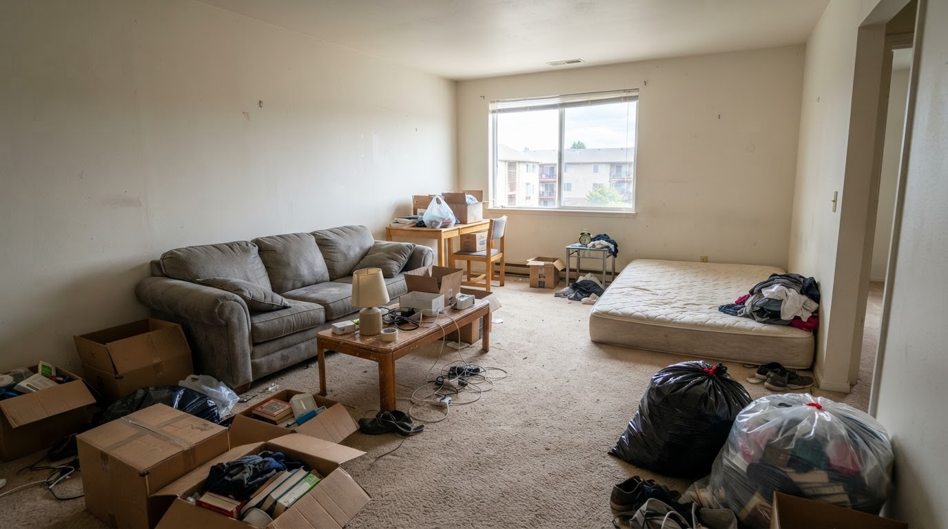 Rental unit with leftover items before a tenant turnover cleanout in Fond Du Lac Wisconsin