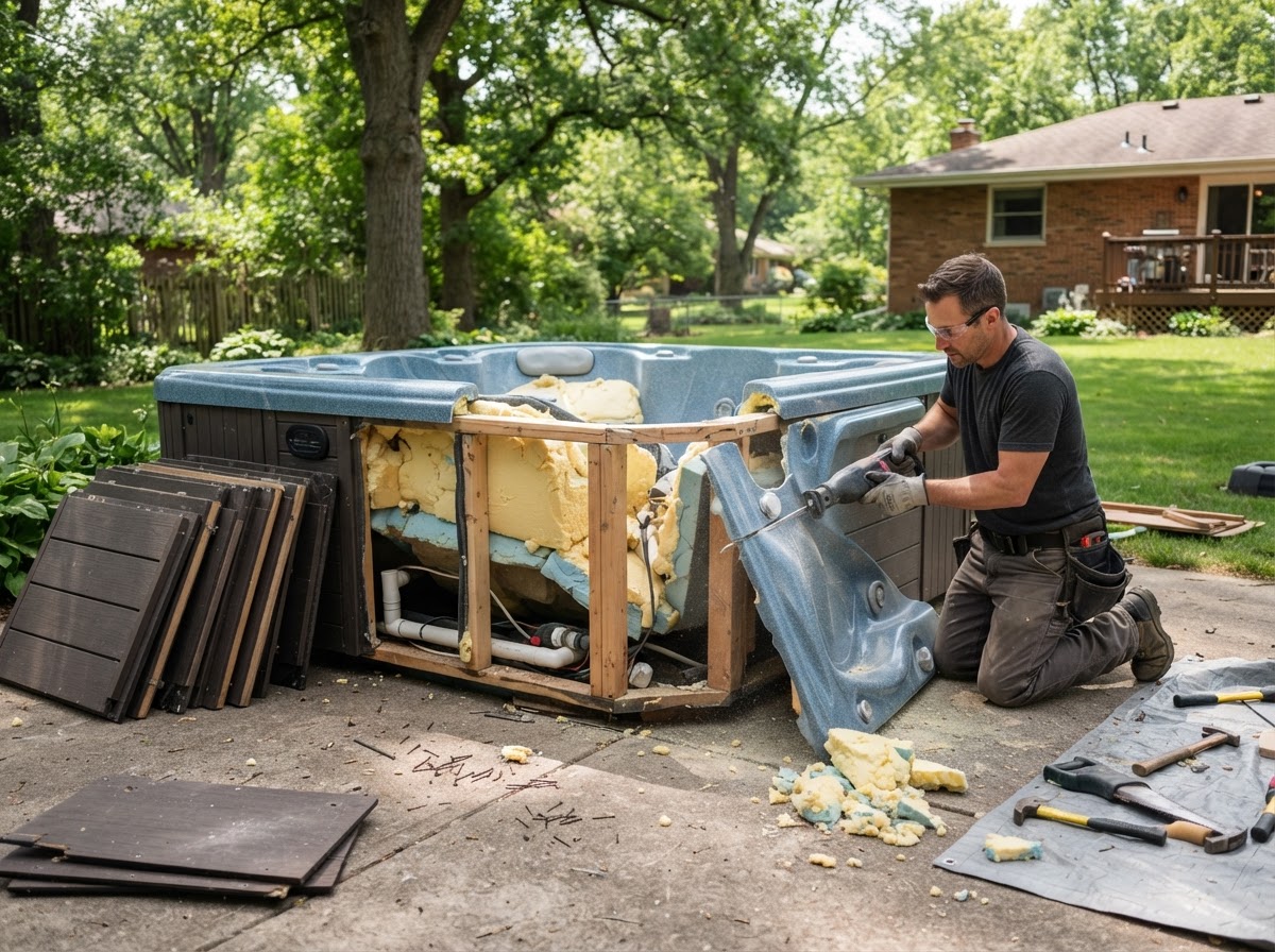 A residential hot tub spa being carefully dismantled and removed from a backyard patio at a Fond Du Lac Wisconsin property
