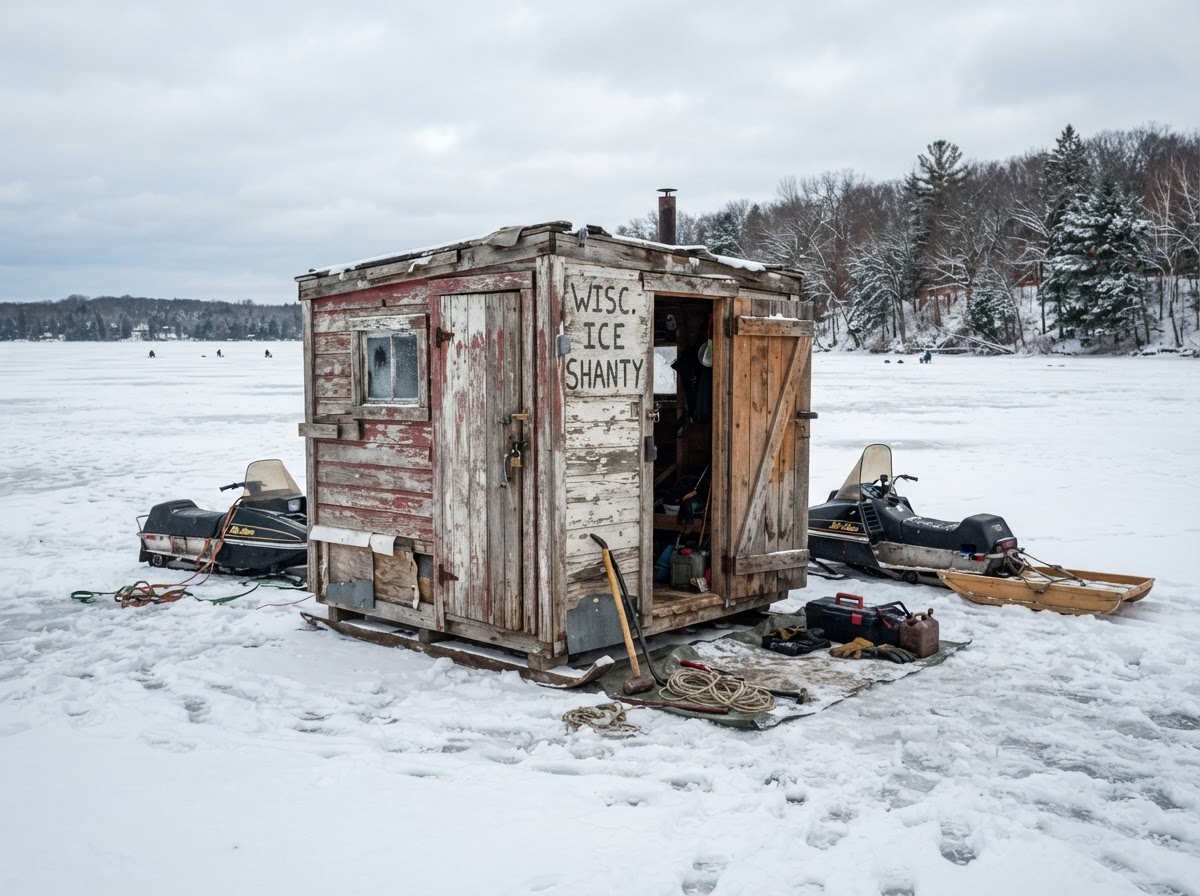 An old weathered wooden ice fishing shanty sitting on snow-covered ground near a frozen lake in Fond Du Lac Wisconsin being prepared for removal and hauling
