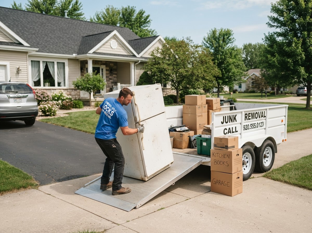 Worker loading an old refrigerator and stacked moving boxes onto a clean white junk removal trailer in the driveway of a residential home in Combined Locks Wisconsin