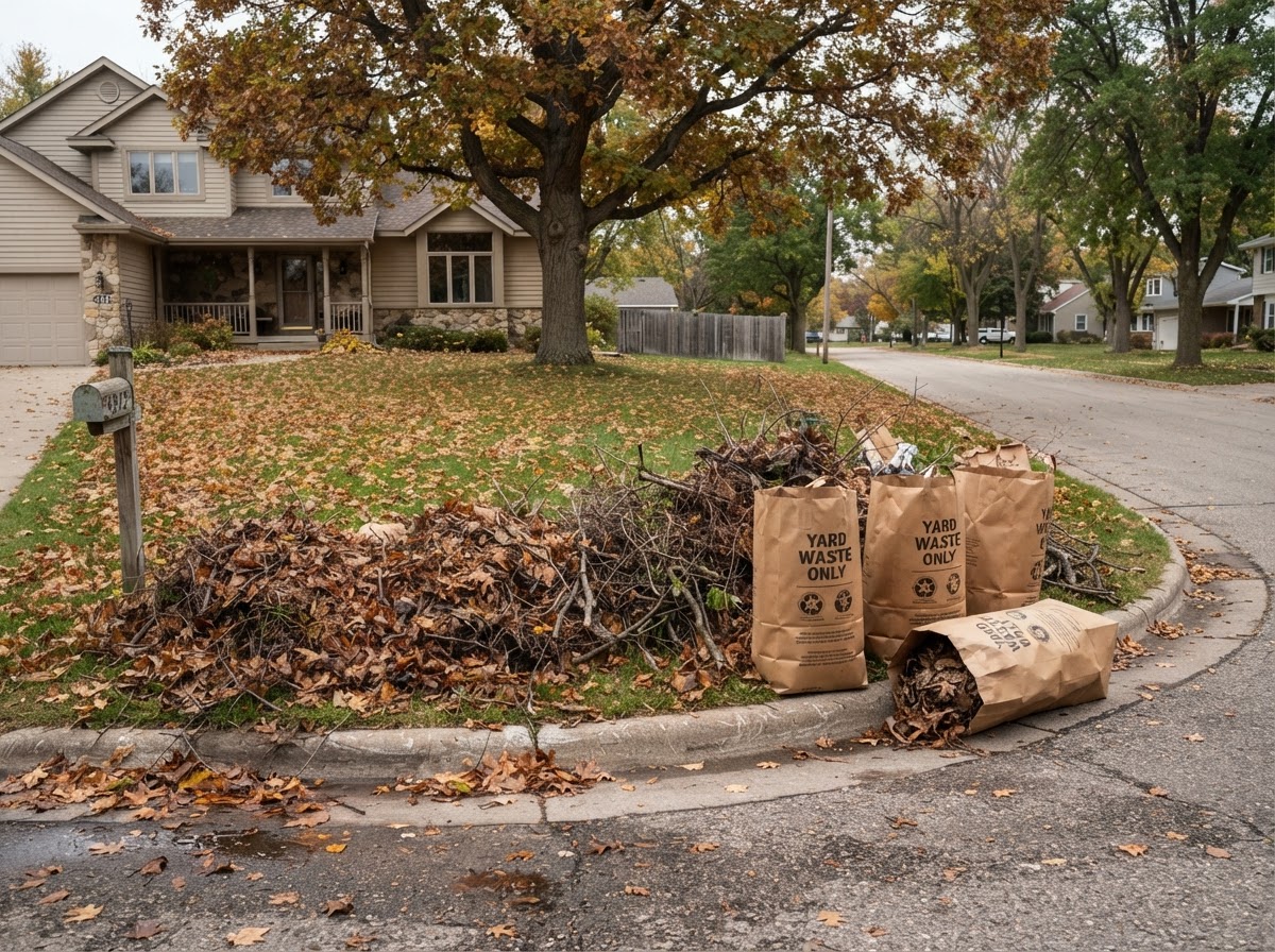 Pile of gathered branches, leaves and bagged yard debris ready for removal at a Fond Du Lac Wisconsin residential property