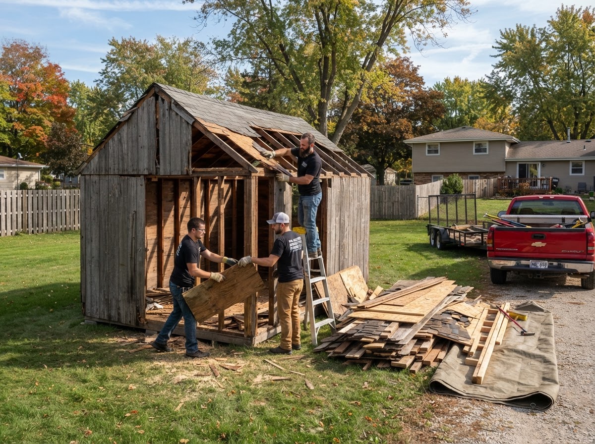 A backyard wooden storage shed being carefully dismantled by a professional crew during a shed demolition project in Fond Du Lac Wisconsin