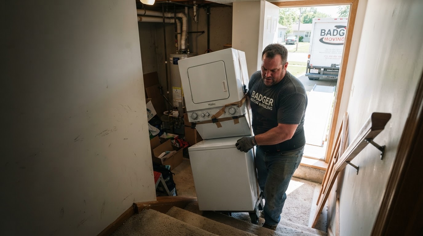 Worker maneuvering a stacked washer and dryer unit up a basement stairwell for removal at a Fond Du Lac Wisconsin home