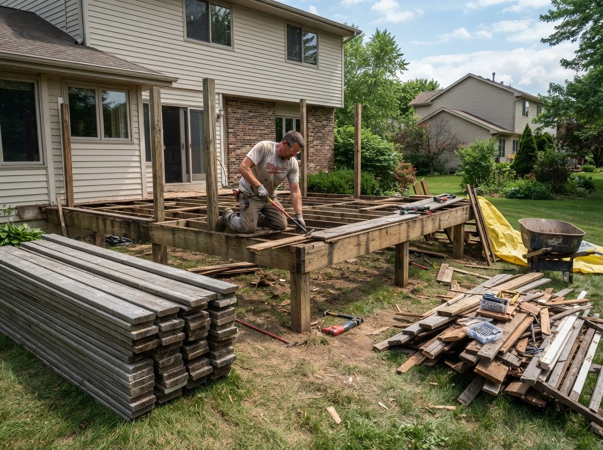 An old residential wood deck being dismantled with boards removed and stacked as debris for hauling at a Fond Du Lac Wisconsin backyard