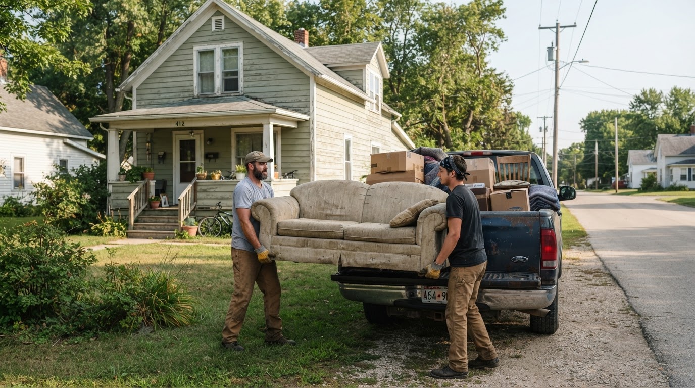 Moul Junk Removal workers loading an old sofa and boxes into a pickup truck outside a residential home in Ripon Wisconsin