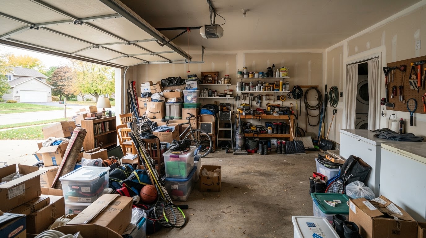 Garage utility area with old appliances before appliance removal in Fond Du Lac Wisconsin