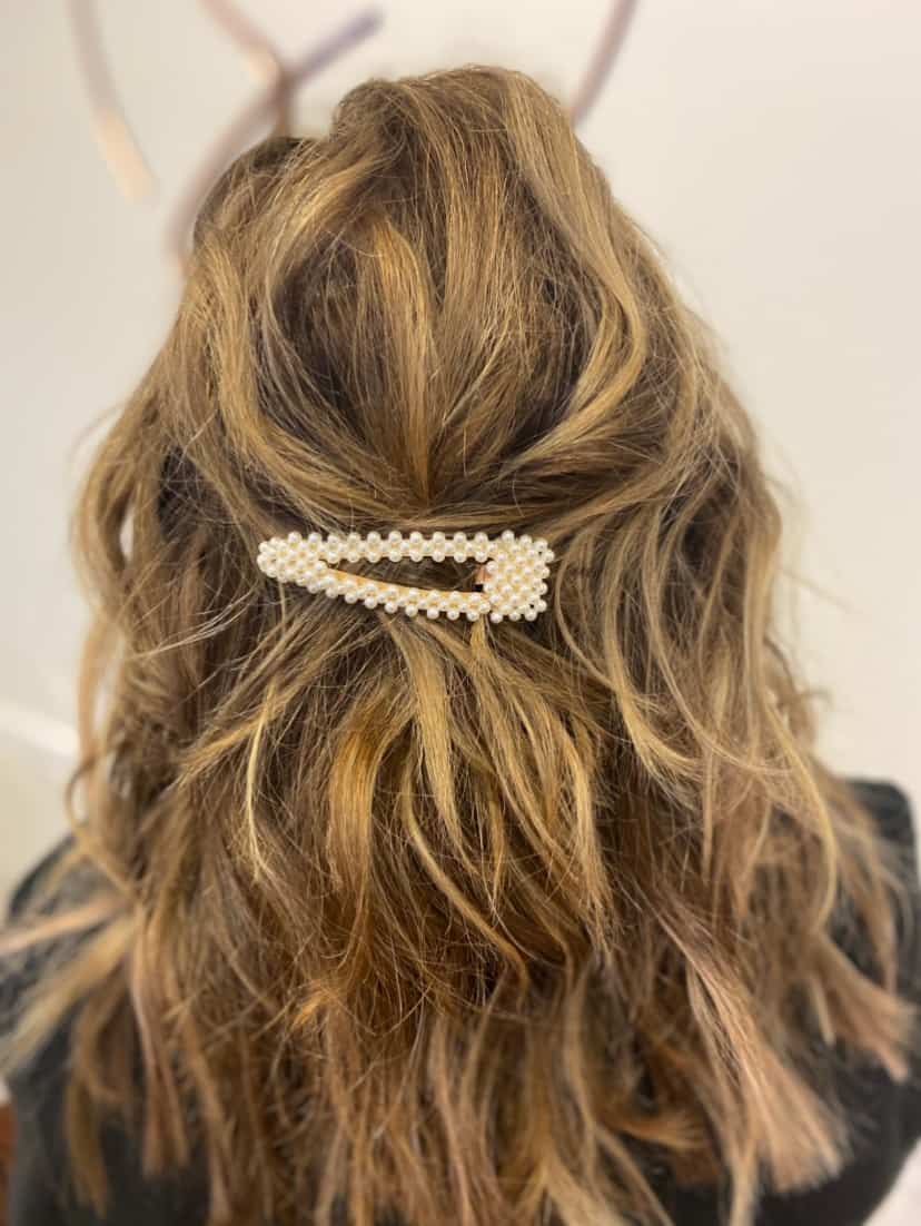 Pearl-Pinned Romantic Texture — Brunette & Dimension by April Marie Hair Design Studio