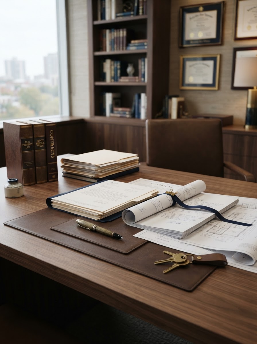 Escritorio ejecutivo de oficina jurídica inmobiliaria con escrituras, contratos, planos, llaves, pluma y biblioteca legal que representan trayectoria y respaldo profesional