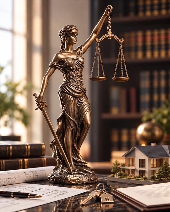 Estatua de la Dama de la Justicia junto a maqueta de casa, llaves y planos arquitectónicos