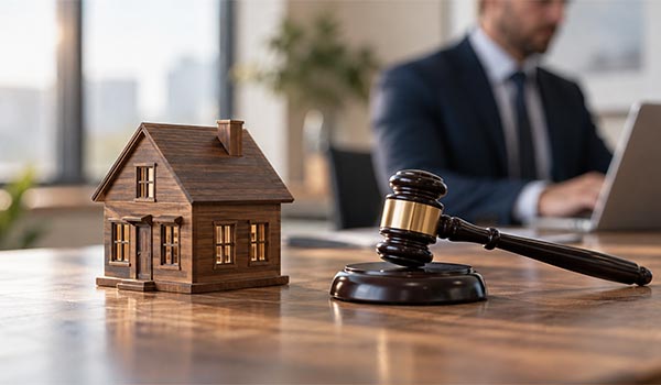 Gestión inmobiliaria: casa a escala, mazo de madera y abogado en oficina ejecutiva