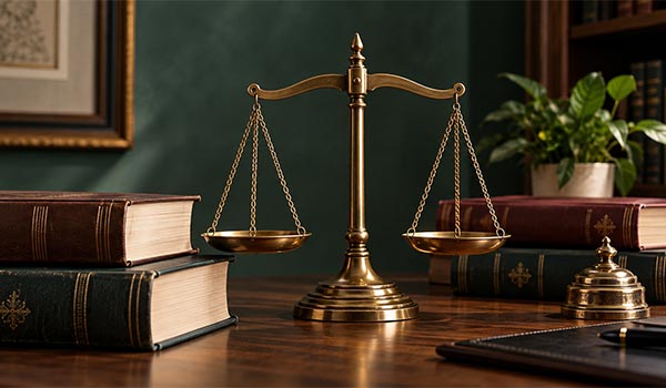 Balanza dorada de la justicia sobre escritorio con libros jurídicos de respaldo legal