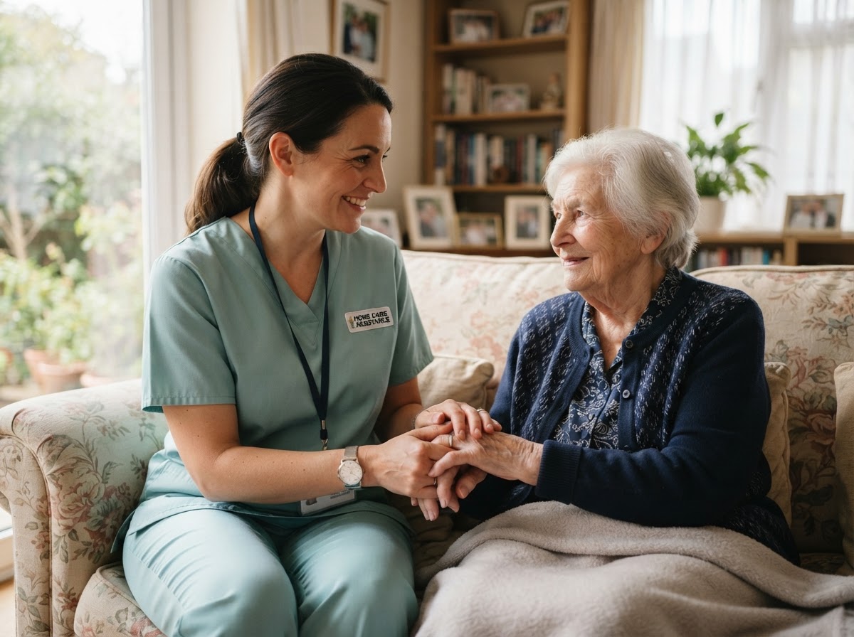 A compassionate caregiver holding the hand of an elderly woman in a sunlit living room