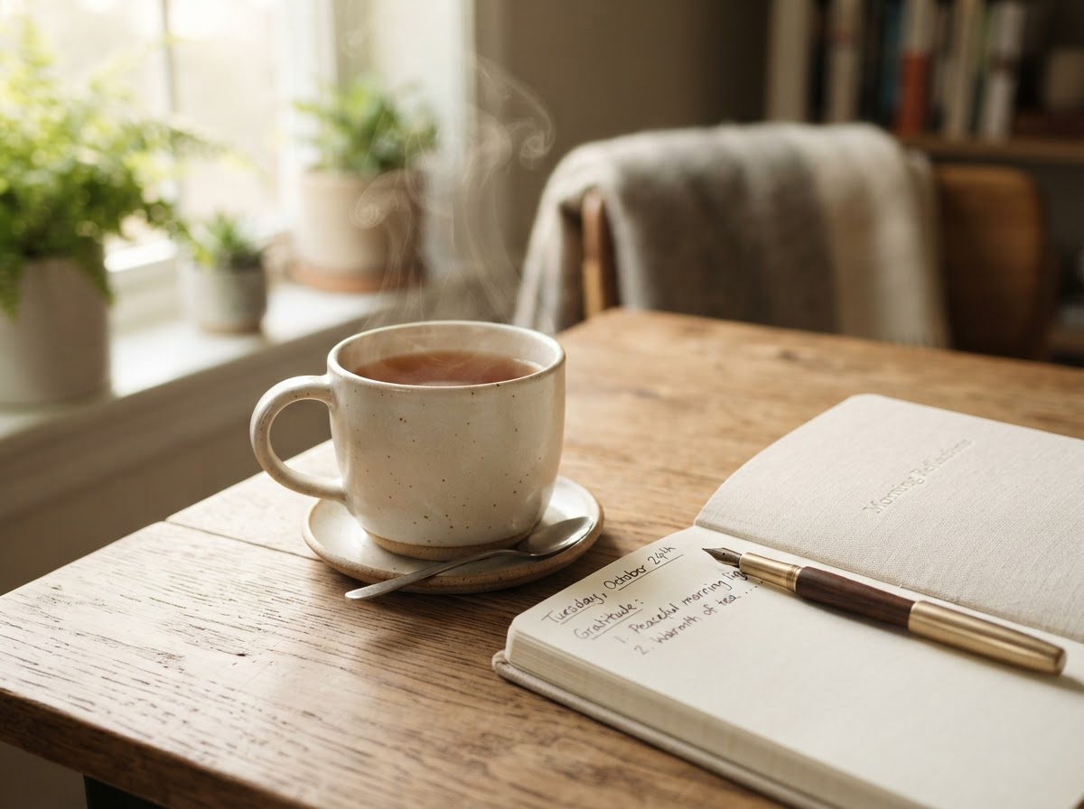 Eine warme Tasse Tee und Notizen bei der persönlichen Pflegeberatung