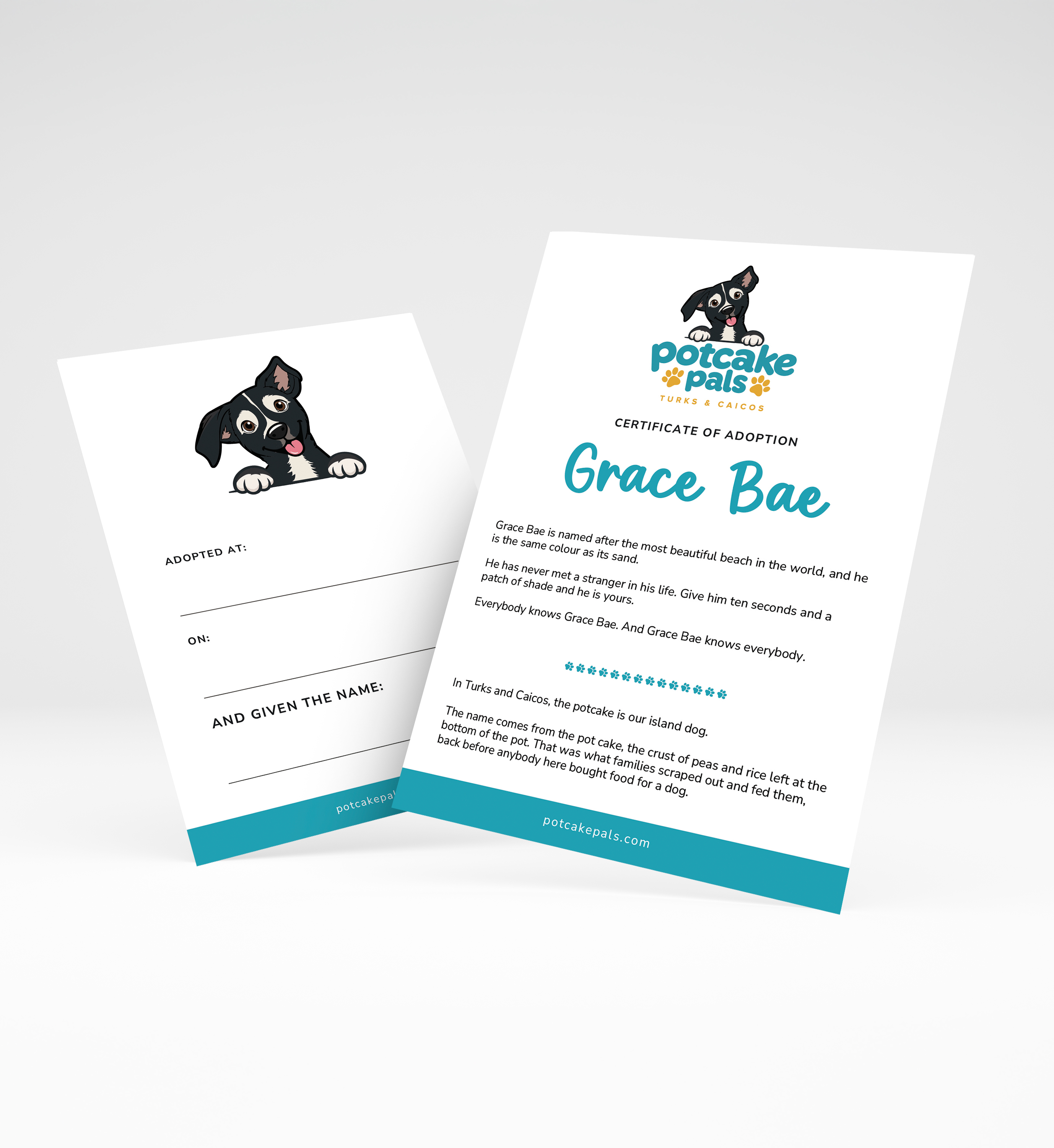 Potcake Pals adoption certificate for Grace Bae showing front and back