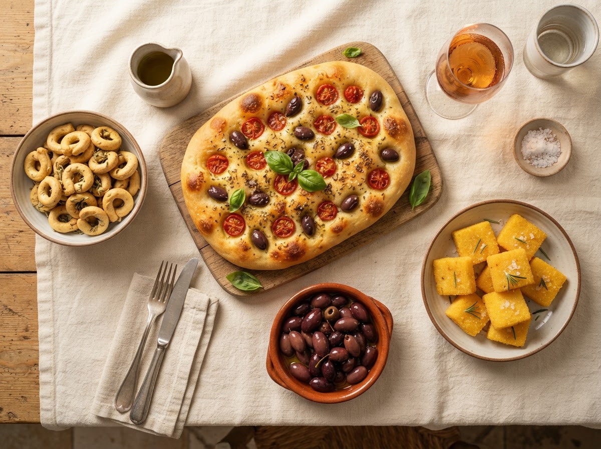 Focaccia barese, taralli e olive