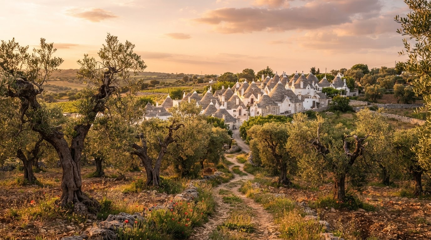 Paesaggio di ulivi e trulli in Puglia