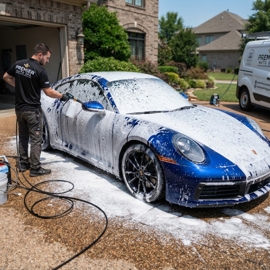 Foam wash covering a luxury car