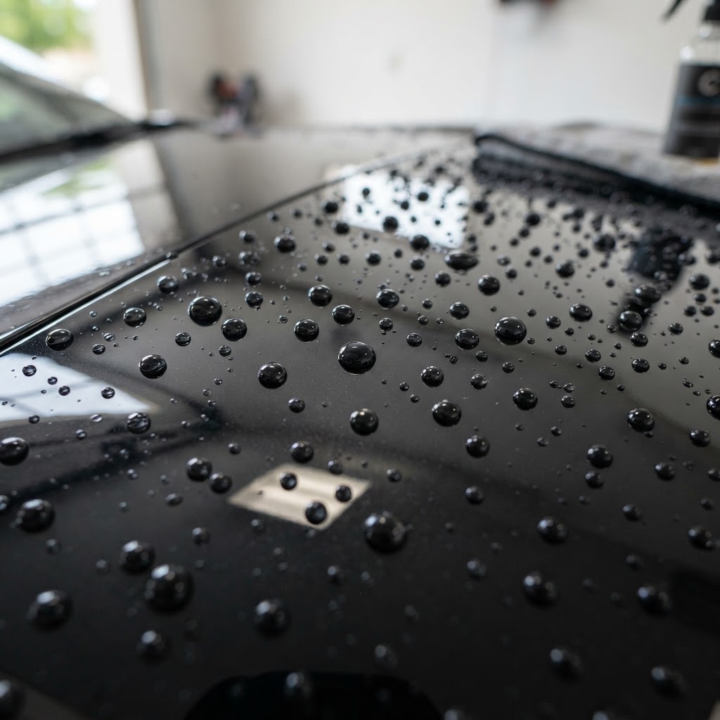 Glossy black paint with water beading after wax