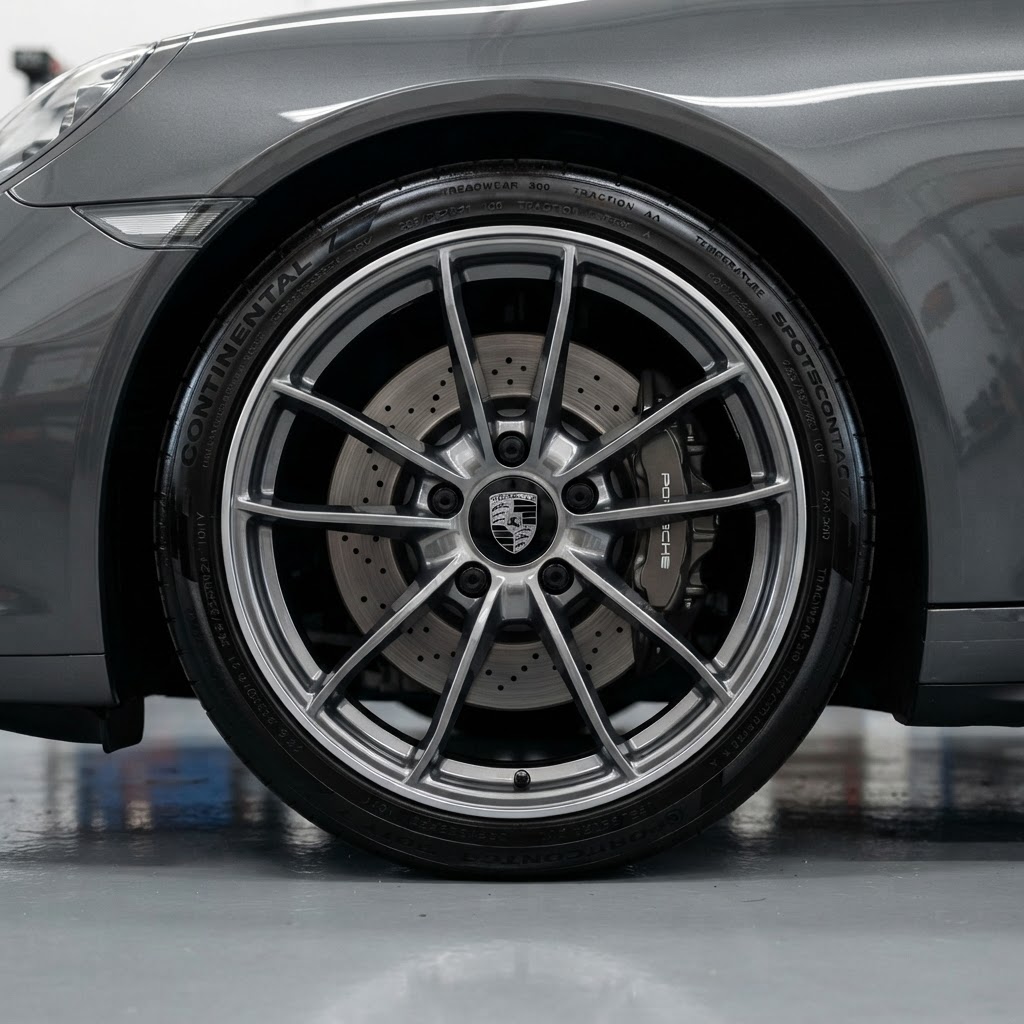Detailed car wheels and tires with tire shine