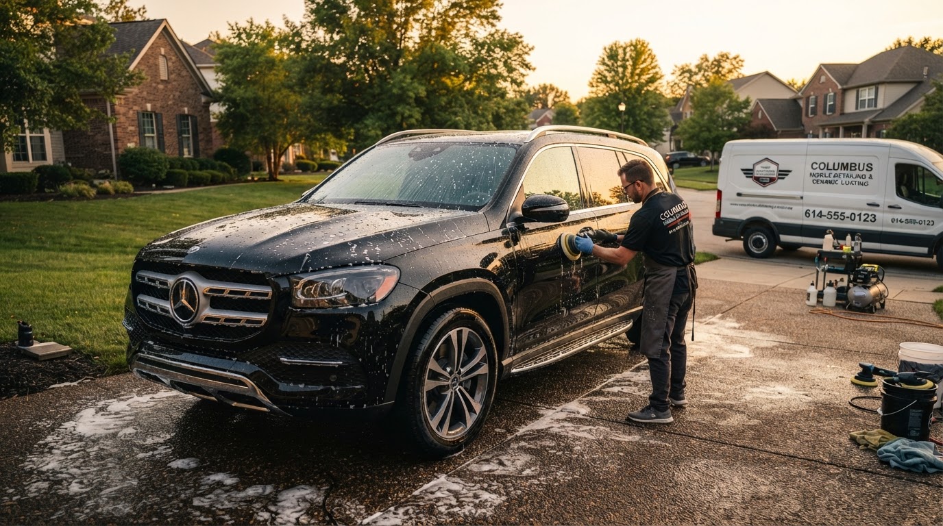 Luxury SUV being professionally detailed at golden hour