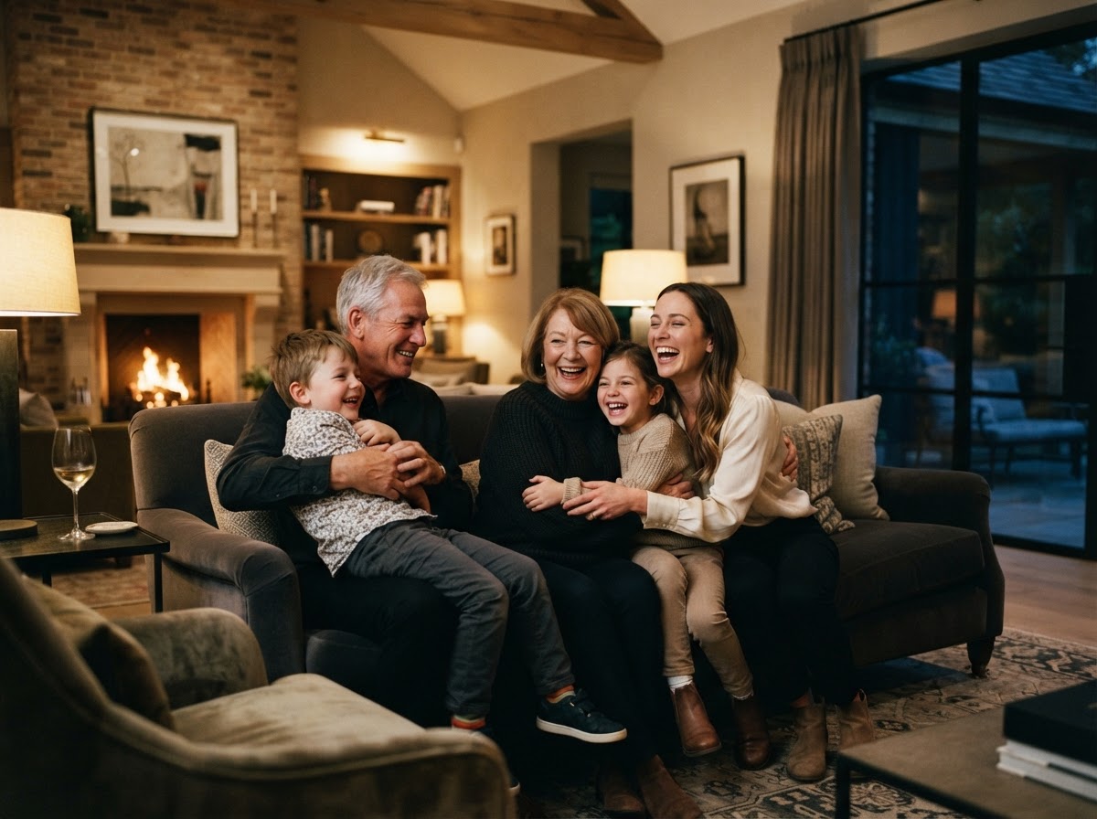 A multi-generational family sharing an intimate, joyful moment in a warm private home