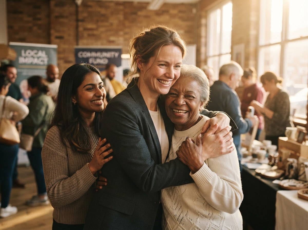A woman warmly embracing community members at a meaningful local cause