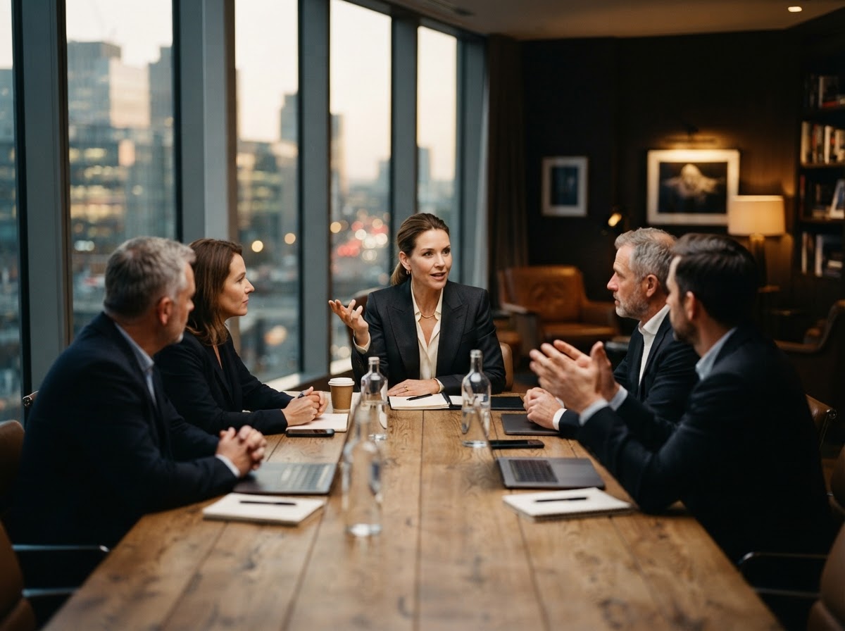 An entrepreneur leading an aligned team conversation in a sophisticated office
