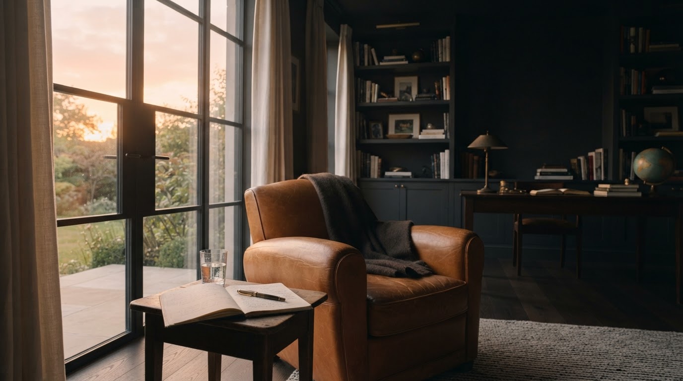 A quiet private study at dawn with warm golden light through sheer curtains