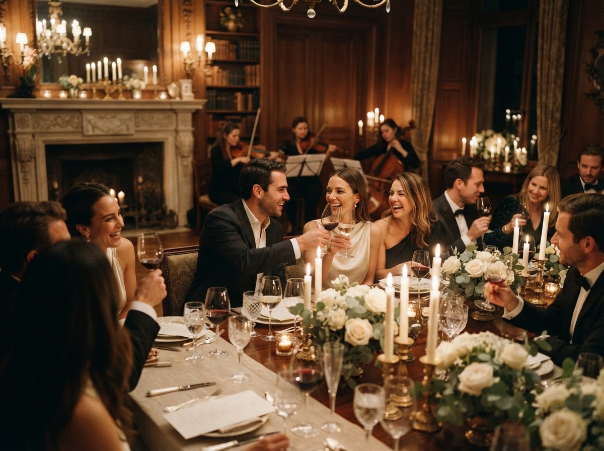 An elegant candlelit private dining experience with live musicians