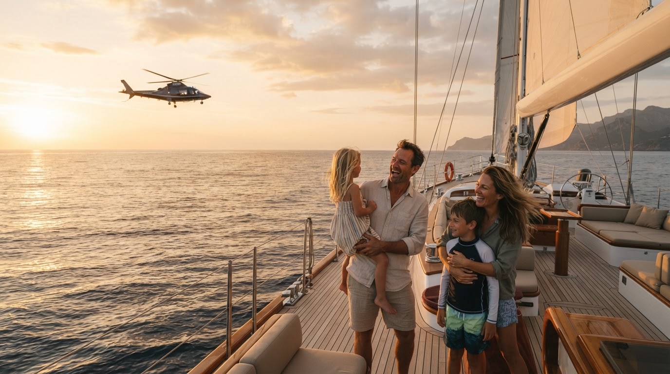 A family together on a luxury sailing yacht at golden hour on a calm ocean