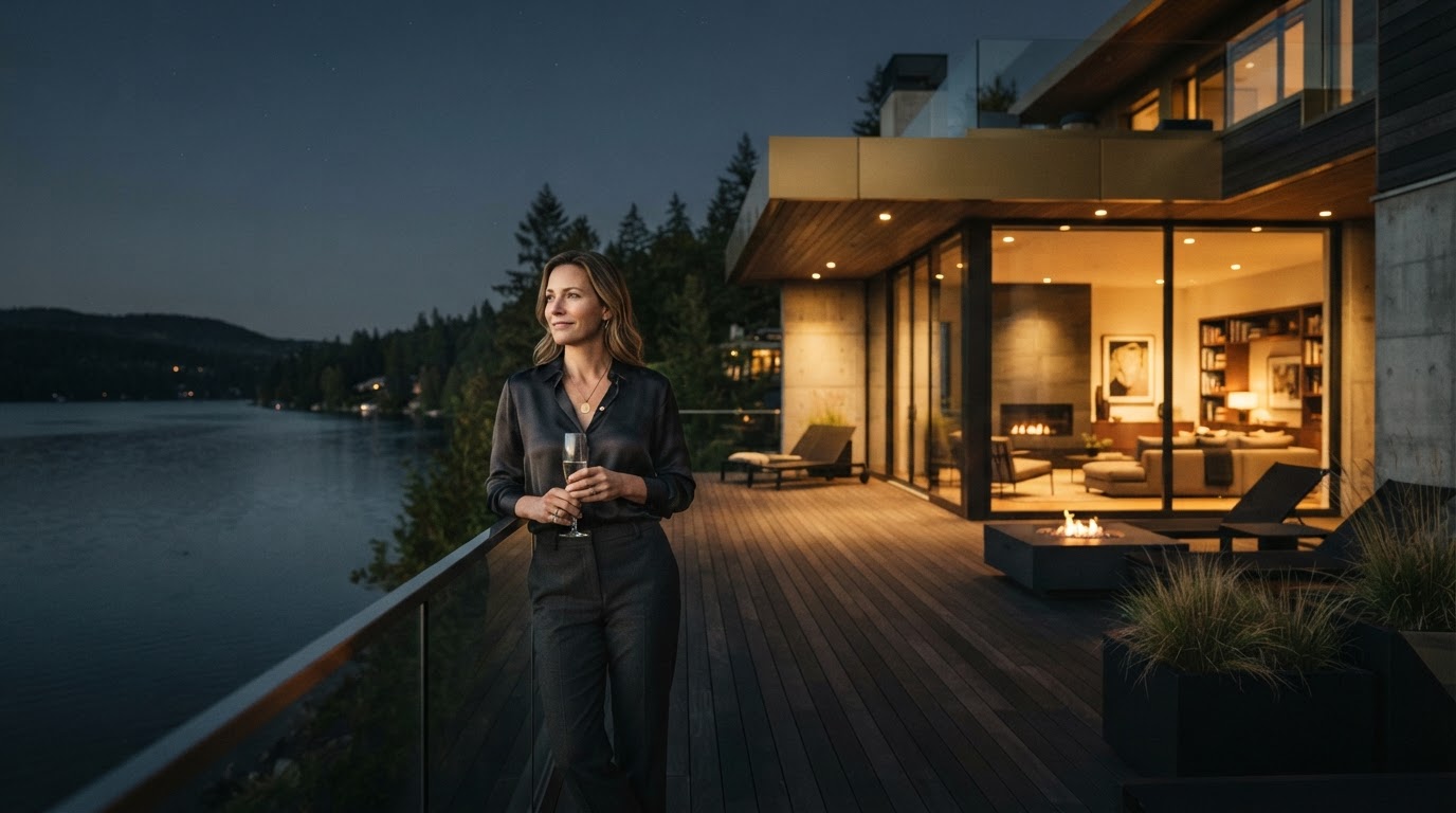 A successful entrepreneur at twilight on the terrace of a private residence overlooking a quiet lake